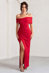 Eva | Red Bardot Bow Detail Maxi Dress With Thigh Split