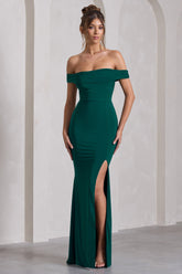 Law of Attraction | Bottle Green Bardot Draped Split Maxi Dress