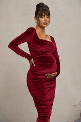 New Life | Berry Velvet Maternity Square Neck Ruched Midi Dress