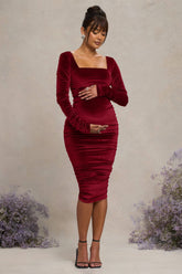 New Life | Berry Velvet Maternity Square Neck Ruched Midi Dress