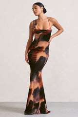 Phantasy | Orange Smoke Print Asymmetric Neckline Cowl Maxi Dress