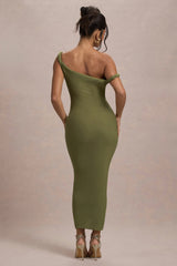 Salome | Olive Twisted Asymmetric Midi Dress