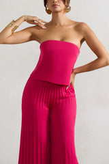 Tammi | Dark Pink Satin Strapless Plisse Wide-Leg Jumpsuit