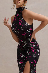 Violette | Black Ditsy Floral Print Satin High-Neck Split Midi Dress