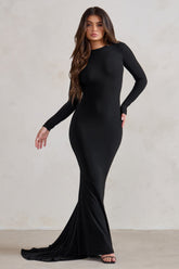 One Step Ahead | Black Long Sleeve Backless Fishtail Maxi Dress
