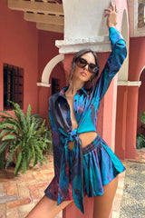 Marisela | Blue Print Satin Flared Sleeve Cropped Shirt