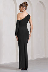 Carlina | Black Ruched One Shoulder Cut-Out Split Maxi Dress