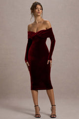 Compliment | Berry Velvet Bardot Midi Dress