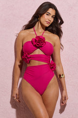 Monaco | Dark Pink Halter-Neck Swimsuit With Corsages