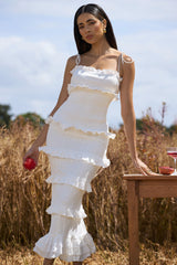 Lauren | White Broderie Strappy Ruffled Maxi Dress