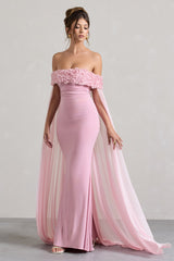 Avant Garde | Blush Pink Floral Bardot Fishtail Maxi Dress With Mesh Cape
