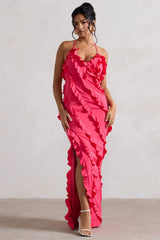 Full On | Hot Pink V-Neck Ruffle Maxi Dress