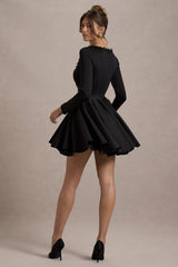 Wilder | Black Embellished Square-Neck Long-Sleeve Skater Mini Dress