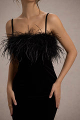 Kalena | Black Velvet Feather Trim Midi Dress
