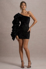 Nikko | Black Sequin Ruffle-Sleeve Mini Dress