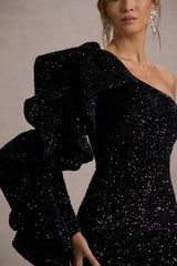Nikko | Black Sequin Ruffle-Sleeve Mini Dress