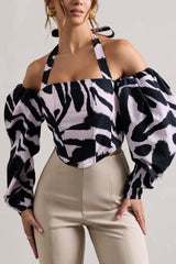 Theatric | Zebra Print Halter-Neck Corset Top With Puff-Sleeves