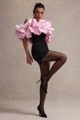 Macaron | Black Bardot Mini Dress With Pink Ruffle Trim