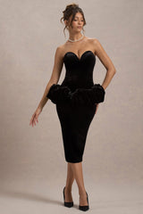 Sarifa | Black Velvet Strapless Corset Midi Dress With Ruffle Peplum