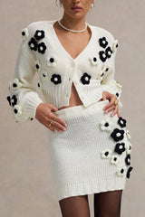 Louvre | Cream & Black Knit Cropped Floral Cardigan