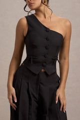 Lelia | Black One Shoulder Tailored Top With Bows