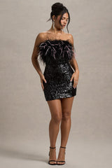 Starlit | Black Sequin Bardot Mini Dress With Feather Trim