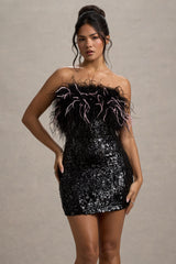 Starlit | Black Sequin Bardot Mini Dress With Feather Trim