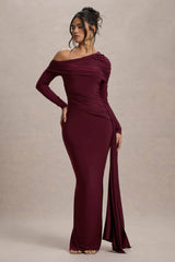 Valina | Burgundy Ruched Asymmetric Maxi Dress With Drape
