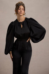 Suzanna | Black Satin Puff-Sleeve Wide-Leg Jumpsuit