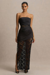 Dulcie | Black Lace And Satin Bandeau Maxi Dress With Wrap-Details