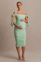 Chandelier | Light Green Bardot Maternity Midi Dress With Bow Details