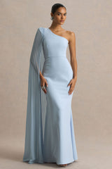 Athens | Powder Blue Asymmetric-Neck Maxi Dress With Cape Sleeve Detail