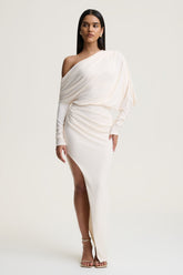 Olivia | Cream Asymmetric-Neck Maxi Dress With Ruched Detailing Asymmetric-Hem