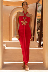 Erin | Red Halter-Neck Maxi Dress With Cut-Out Detail