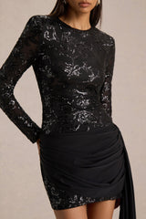 Florecita | Black Embellished Lace Crew-Neck Mini Dress With Sash Detail