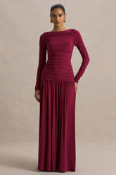 Aniyah | Burgundy Slashed-Neck Maxi Dress With Ruched Detailing