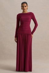 Aniyah | Burgundy Slashed-Neck Maxi Dress With Ruched Detailing