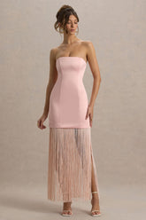 Trinity | Blush Pink Satin Bandeau Maxi Dress With Fringe