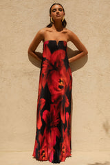 Bergamot | Black And Red Floral Print Satin Sweetheart Maxi Dress