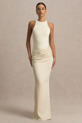 Akari | Champagne Crew-Neck Maxi Dress With Satin Skirt