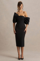 Lucille | Black Asymmetric Bardot Midi Dress With Bow Detail