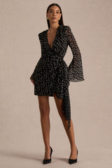 Mela | Black And White Polka Dot Plunge-Neck Mini Dress With Bell-Sleeves And Sash Detail