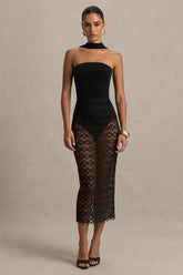 Tamala | Black High-Neck Midi Dress With Lace Skirt