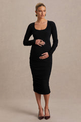 Saffron | Black Scoop-Neck Maternity Midi Dress
