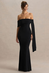 Saffina | Black Bardot-Neck Maxi Dress With Sash Detail