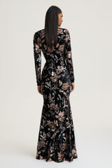 Lyric | Black Floral Velvet And Sequin Embellished Crew-Neck Maxi Dress