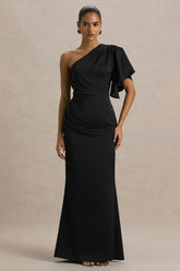 Unforgettable | Black Asymmetric-Neck Maxi Dress With Ruffled Detailing