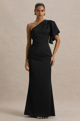 Unforgettable | Black Asymmetric-Neck Maxi Dress With Ruffled Detailing