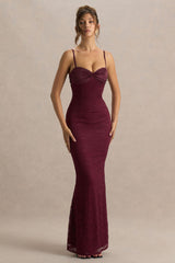 Juana | Burgundy Lace And Satin Sweetheart-Neck Satin Maxi Dress