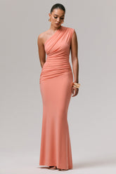 Mardi | Coral Asymmetric Maxi Dress With Ruching